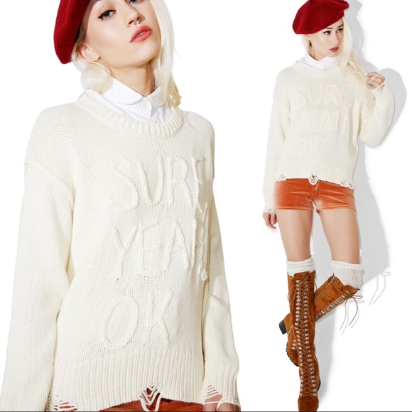 WILDFOX Chunky Knit Distressed “Sure Yeah Ok” Graphic Oversized Sweater Cream - Picture 7 of 16